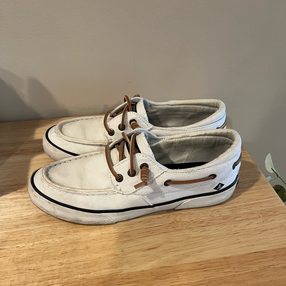 Sperry White Canvas Boat Shoes with Brown Laces